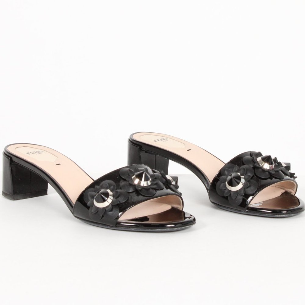 Fendi Black Patent Leather Embellished Sandal
